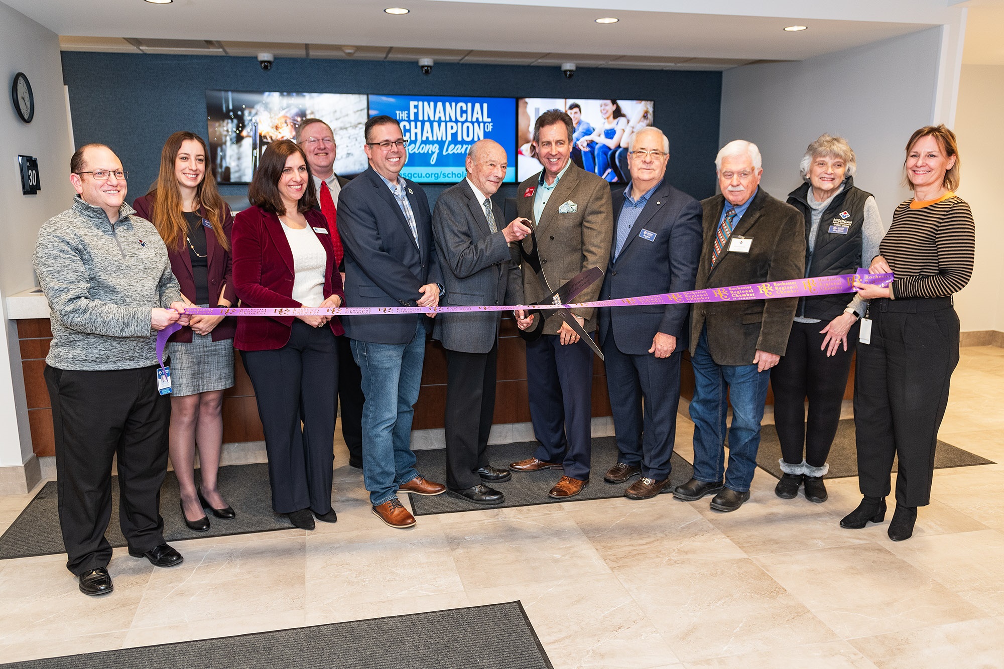 Photo participants, left to right: Kevin Goldstein, MSGCU Rochester Hills Branch Manager; Christina Ayar, MSGCU Board Member; Juliane Morian, Rochester Regional Chamber of Commerce Board of Directors and Library Director, Rochester Hills Public Library; Steve Brewer, MSGCU President/CEO; Ryan Deel, Rochester Hills City Council President; Bill Cayen, MSGCU Board Chairperson; David Walker, Rochester Regional Chamber of Commerce Ambassador and Rochester Hills City Council Vice President; Doug Smith, MSGCU Board Vice Chairperson; Richard Shoemaker, MSGCU Board Secretary; Teresa DiMaria, MSGCU Board Member; Ann Jones, MSGCU Vice President of Marketing and Business Development.